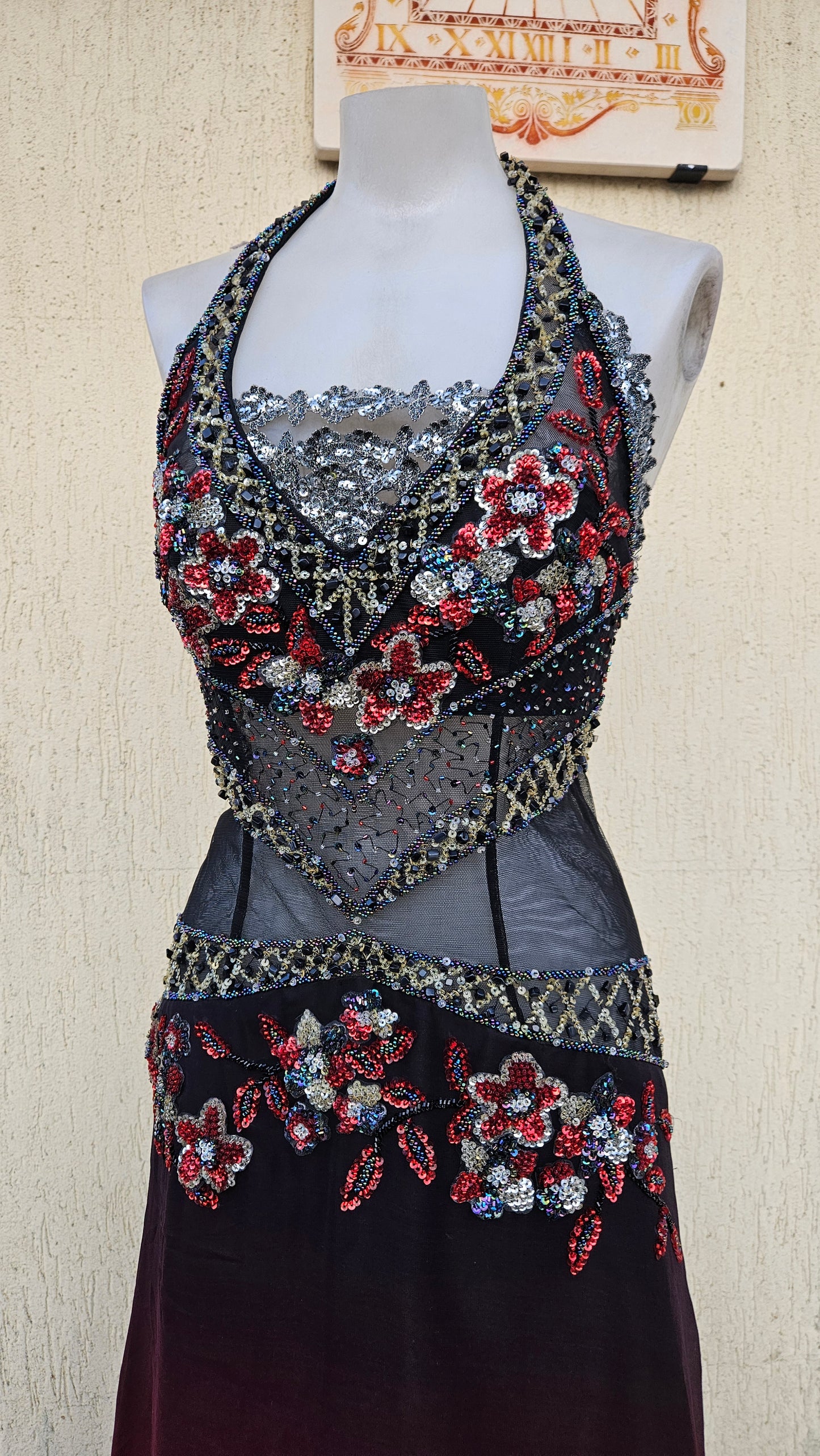 Red and black gradient embroidered dress