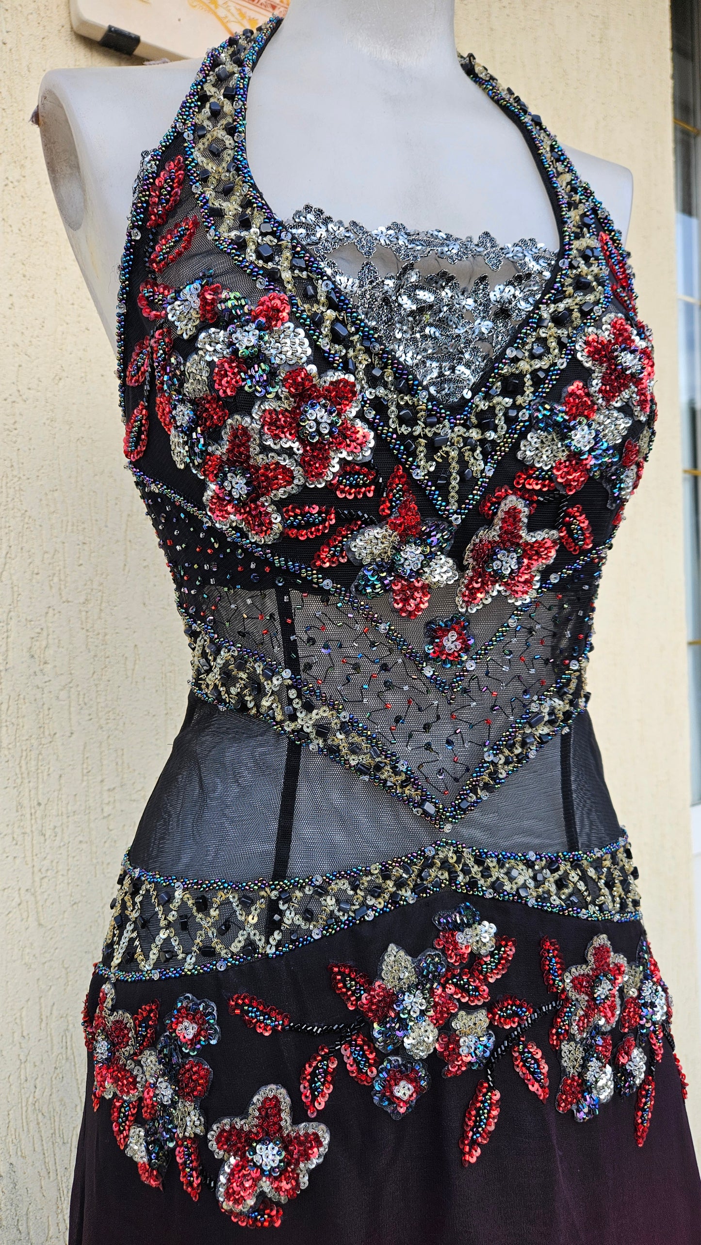 Red and black gradient embroidered dress