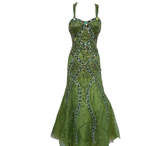 Green embellished maxi gown with sparkling rhinestones and beaded details, crisscross back straps, fairycore princess vibe, dreamy Y2K prom statement dress.