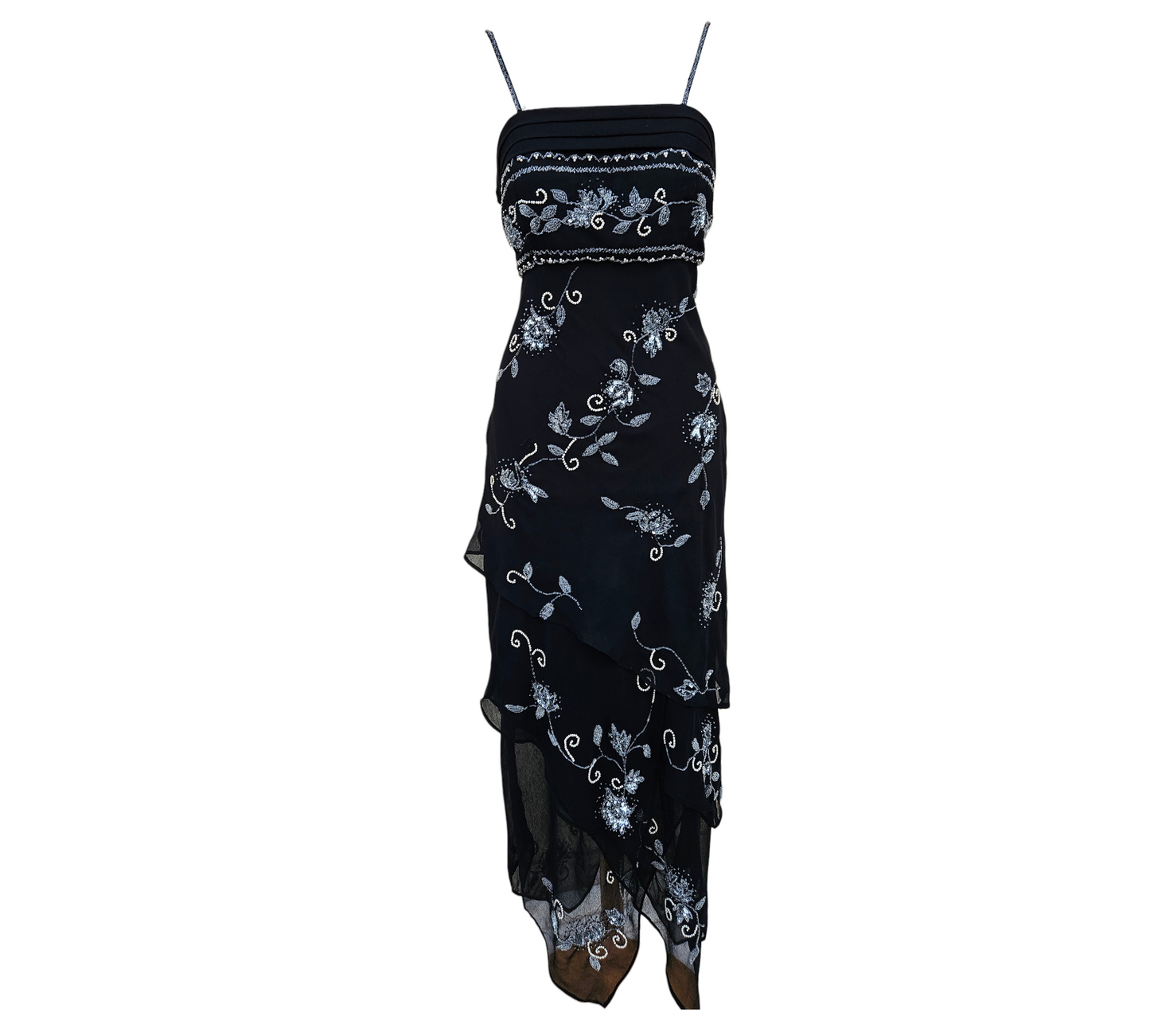 Black vintage chiffon maxi dress with silver and gold beaded floral embroidery, layered asymmetrical hem and delicate straps, dreamy y2k evening vibe, by Lucid Dream 2007