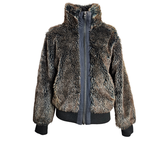 A cozy Y2K whimsigoth faux fur jacket with a mix of brown and black textures, featuring a high collar and sporty ribbed cuffs for a perfect winter reverie look.