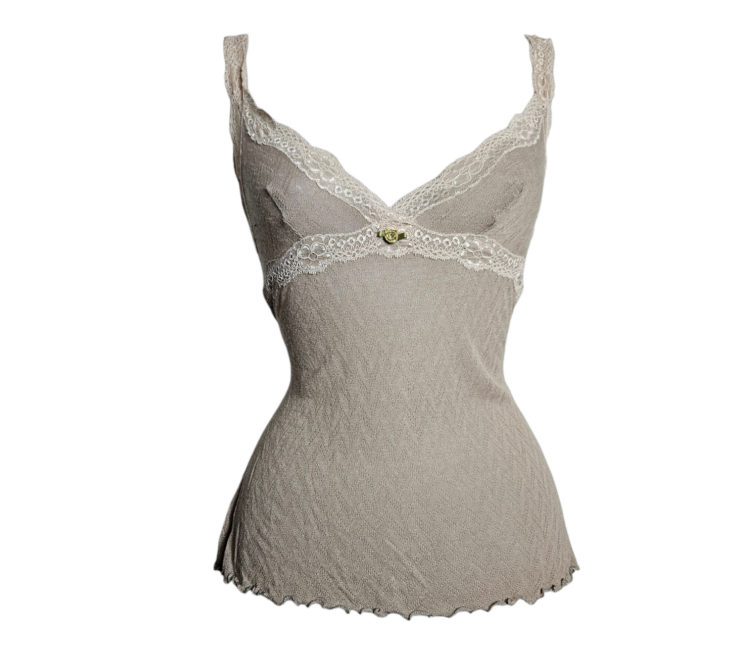 Vintage beige lace-trim top with V-neckline, delicate lingerie-inspired details and soft fairycore, romantic and dreamy aesthetic.