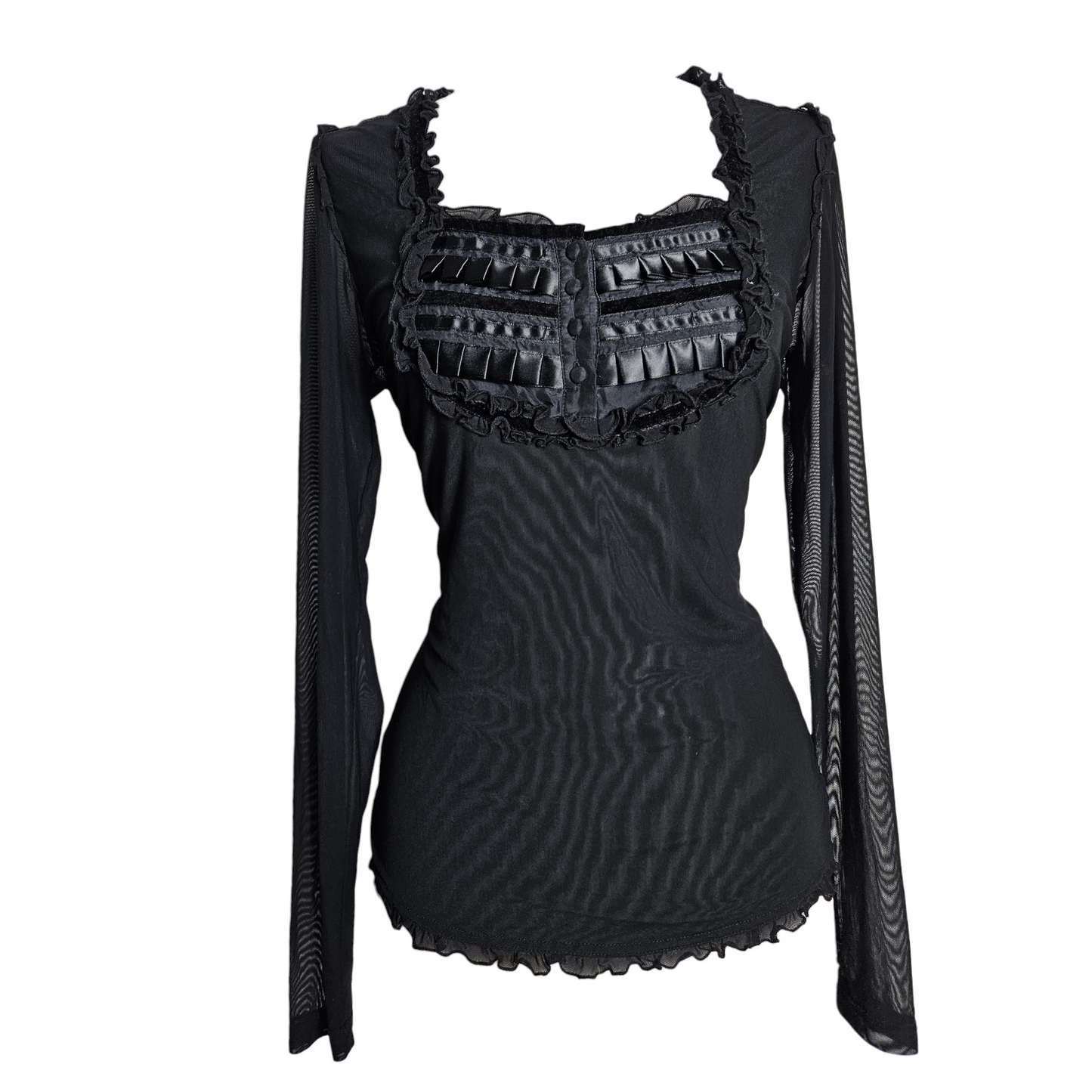 Black sheer mesh long sleeve top with ruffled square neckline and satin pleated bust panel, dark coquette Y2K goth vibe, vintage unique piece by Lucid Dream 2007