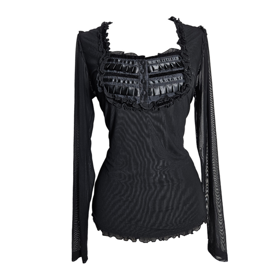 Black sheer mesh long sleeve top with ruffled square neckline and satin pleated bust panel, dark coquette Y2K goth vibe, vintage unique piece by Lucid Dream 2007