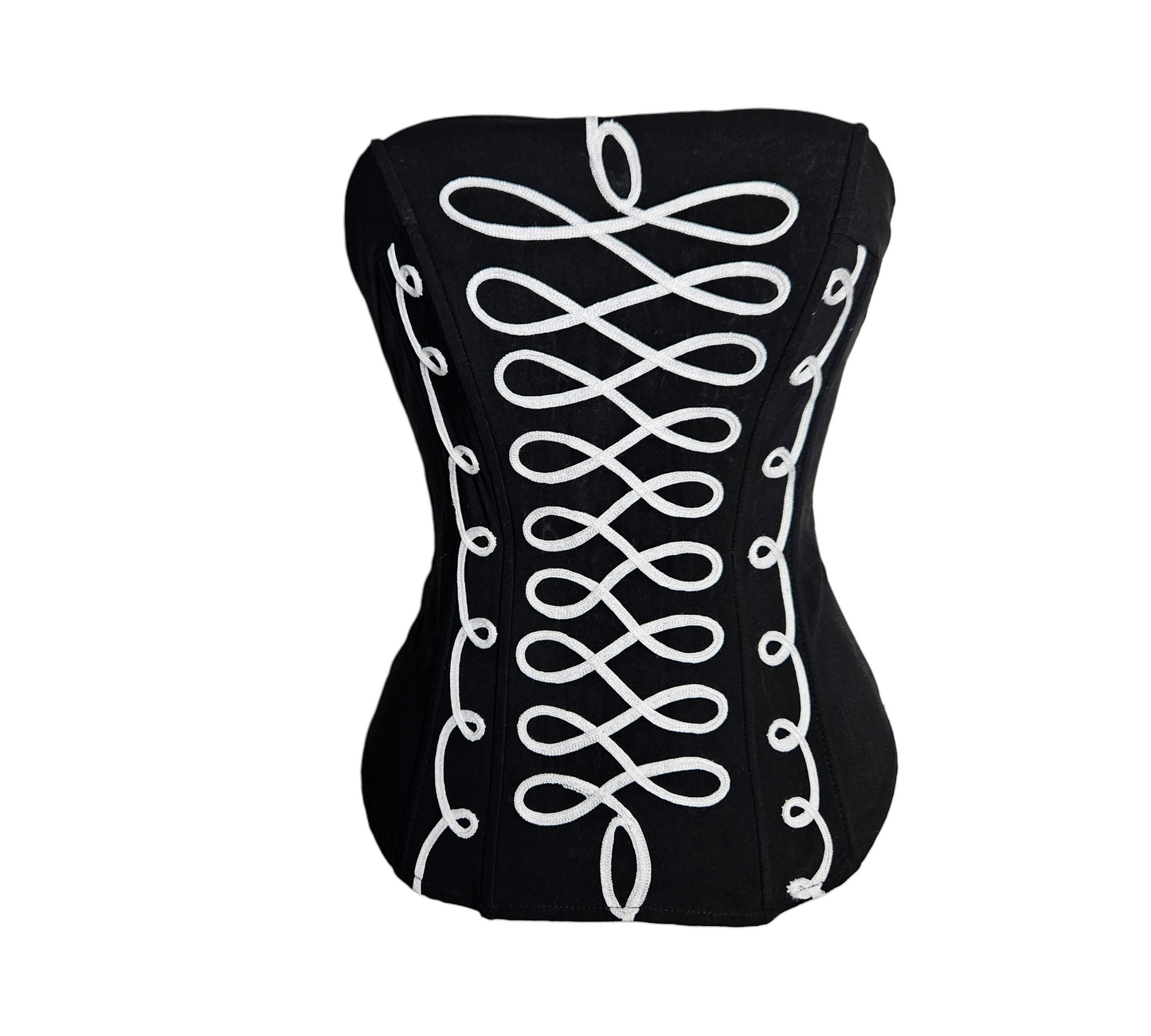 Vintage Y2K black corset top with white lace-up embroidery, structured bustier with gothic and whimsigoth fairycore aesthetic by Lucid Dream 2007