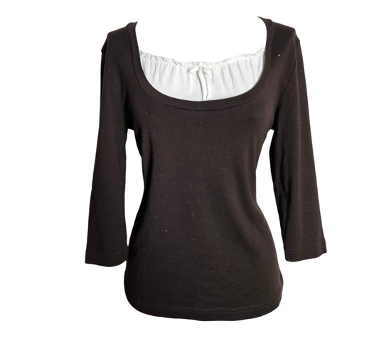 Vintage brown 3/4 sleeve top with square neckline and white gathered bust insert with tie detail, soft y2k coquette vibe by Lucid Dream 2007