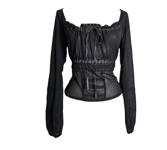Vintage Y2K sheer black long sleeve top with lace trim and drawstring front, gothic fairycore whimsigoth blouse by Lucid Dream 2007