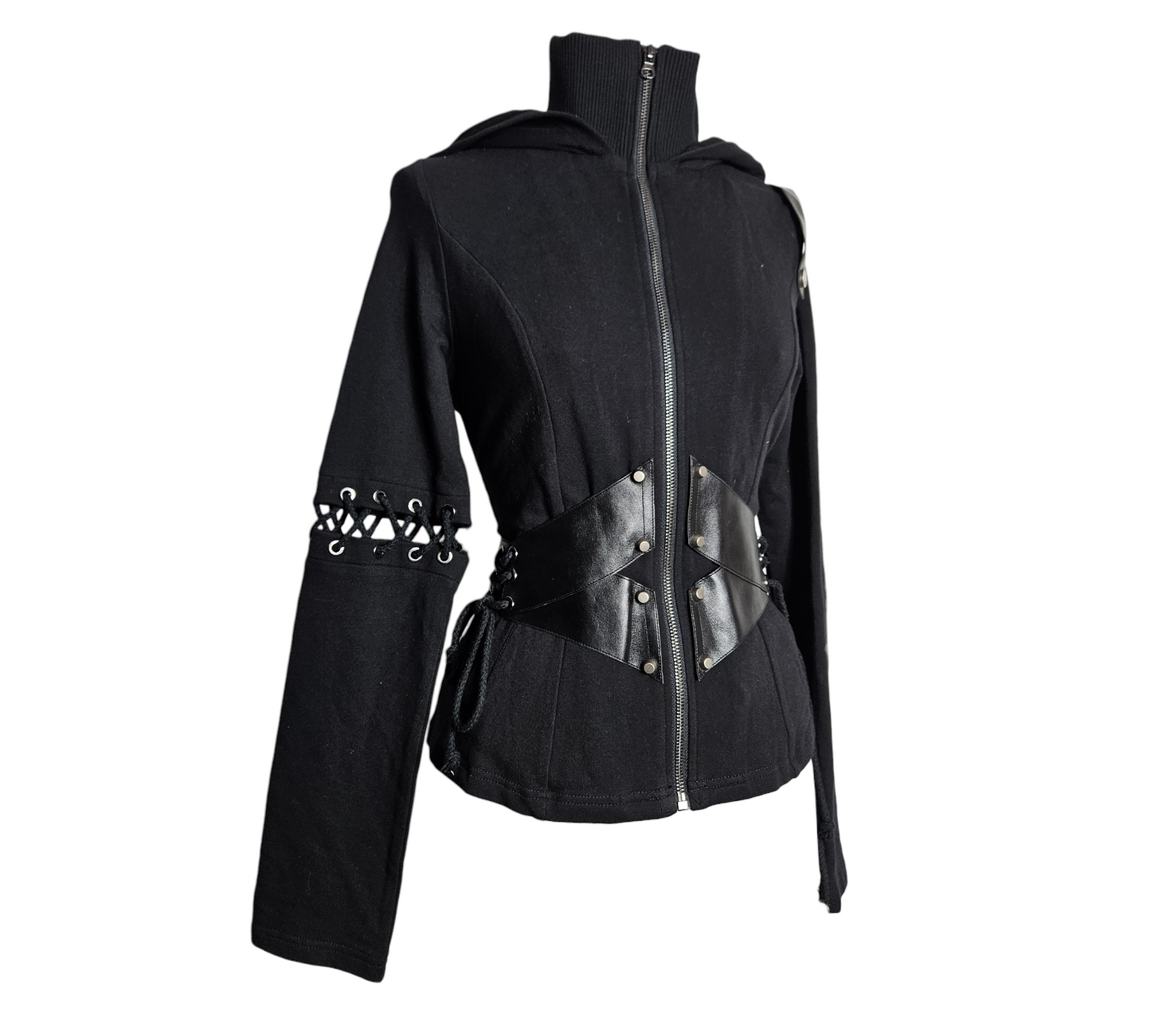 A fierce black whimsigoth jacket featuring structured faux leather waist panels with metallic rivets and edgy corset-style lacing on the sleeves and sides for a dark cyber-reverie aesthetic