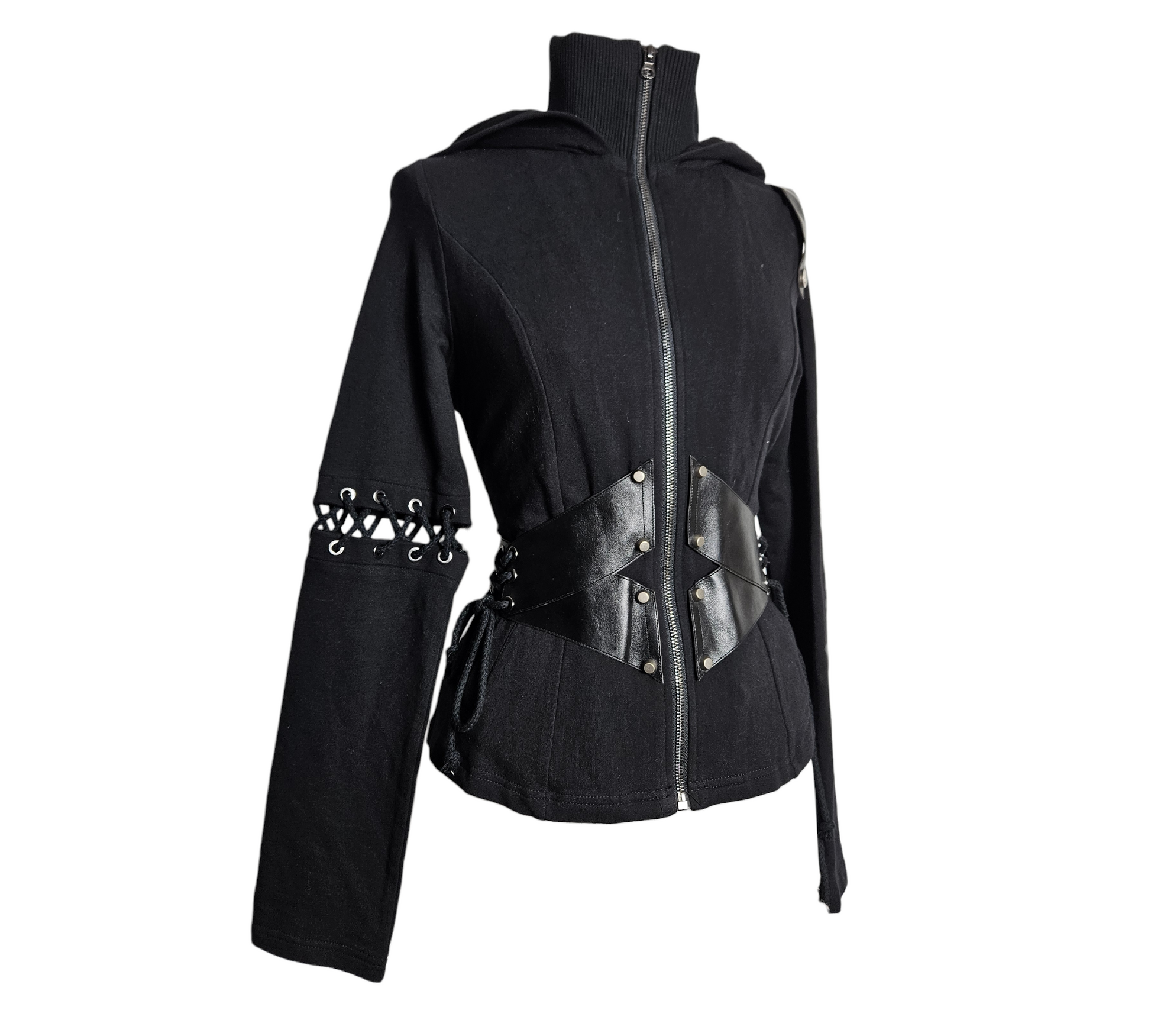 A fierce black whimsigoth jacket featuring structured faux leather waist panels with metallic rivets and edgy corset-style lacing on the sleeves and sides for a dark cyber-reverie aesthetic