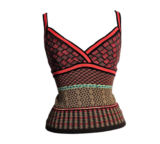 Vibrant Y2K aesthetic knit camisole featuring a patchwork of geometric jacquard patterns in earthy tones, highlighted by bold neon orange trims and a turquoise accent line for a playful fairycore vibe.