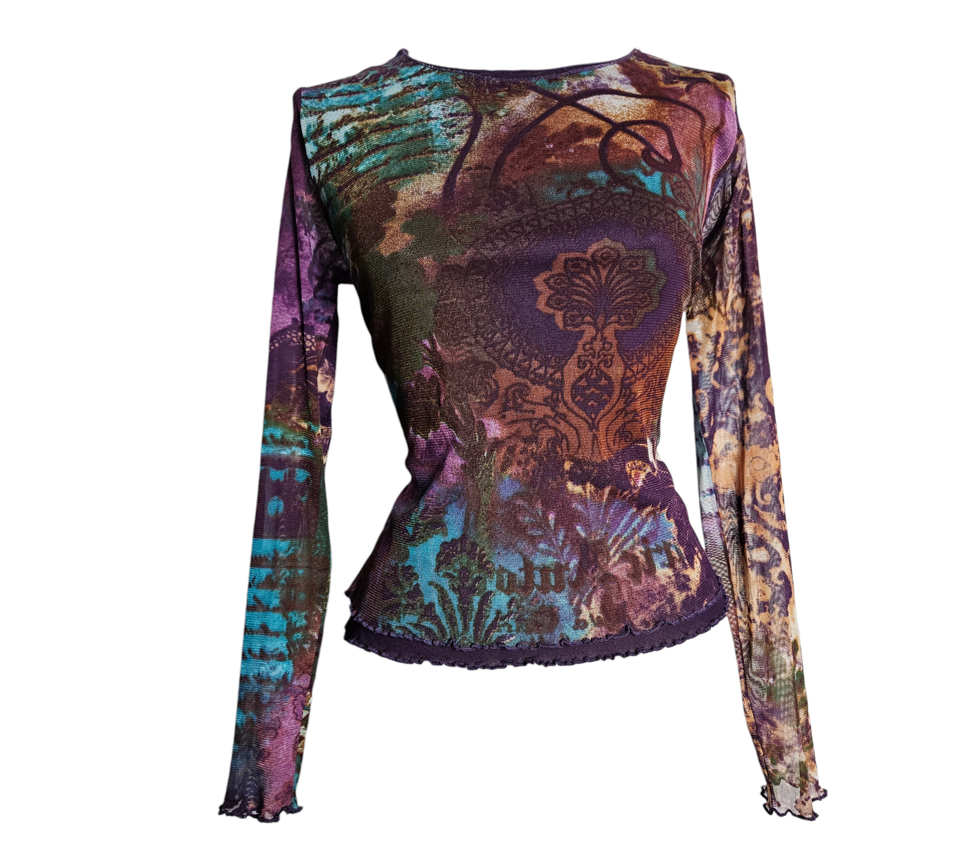 Y2K aesthetic long-sleeve mesh top featuring a vibrant purple and turquoise psychedelic baroque print with delicate lettuce-edge hems for a perfect whimsigoth or fairycore layering style.