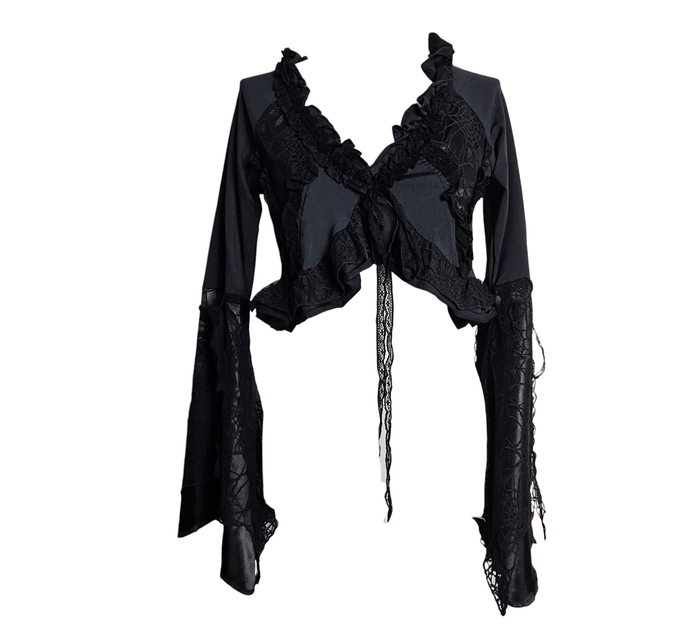 A delicate whimsigoth sheer black lace bolero with dramatic bell sleeves and tiered ruffles. Featuring dainty satin ribbon ties at the front for a perfect dark fairycore and Y2K aesthetic.