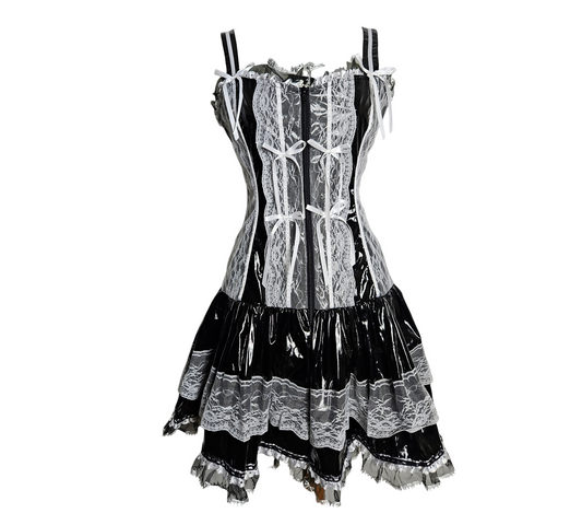 Vintage Y2K black and white corset mini dress with lace panels and ribbon details, gothic fairycore whimsigoth statement piece by Lucid Dream 2007