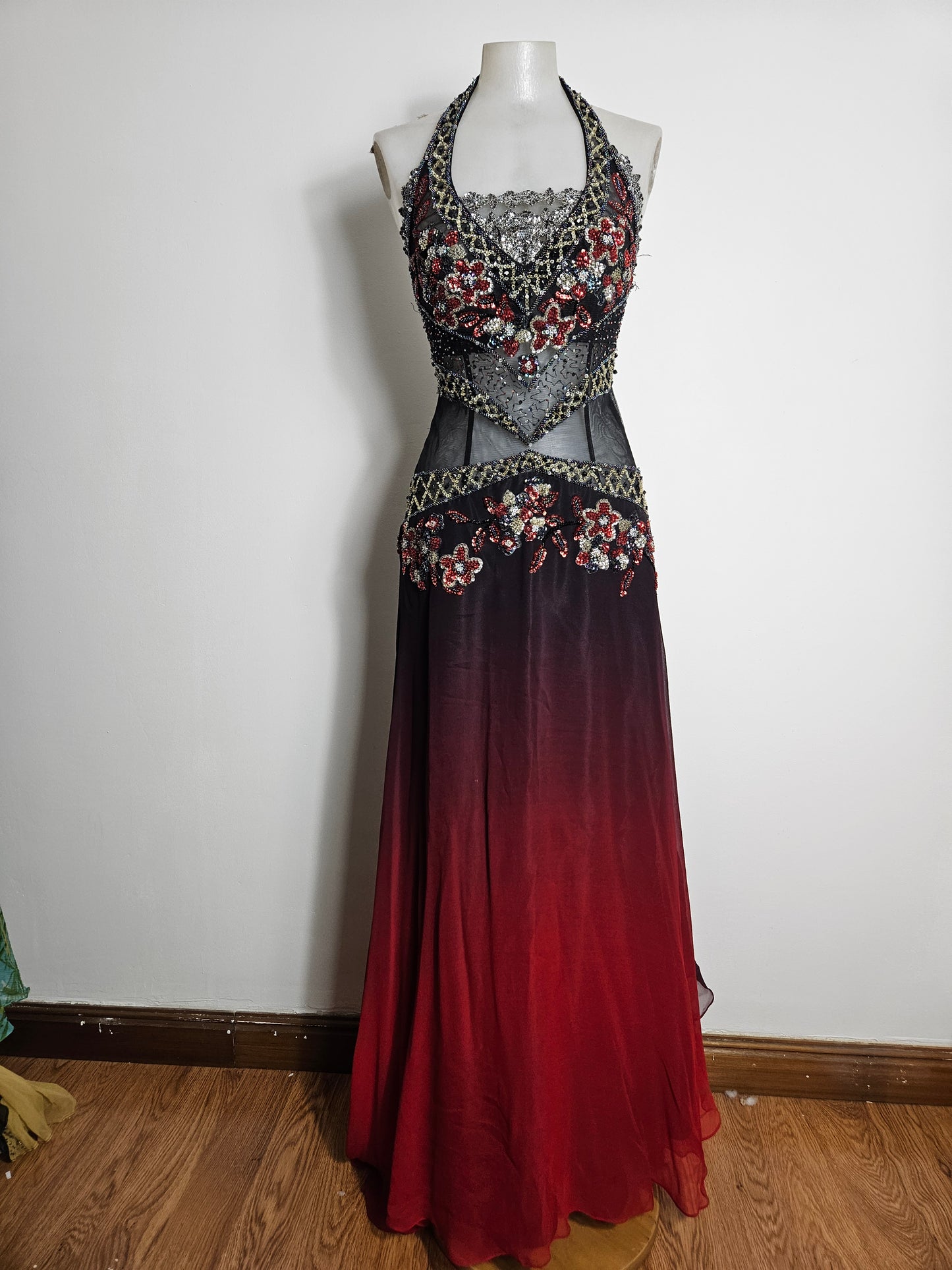 Red and black gradient embroidered dress