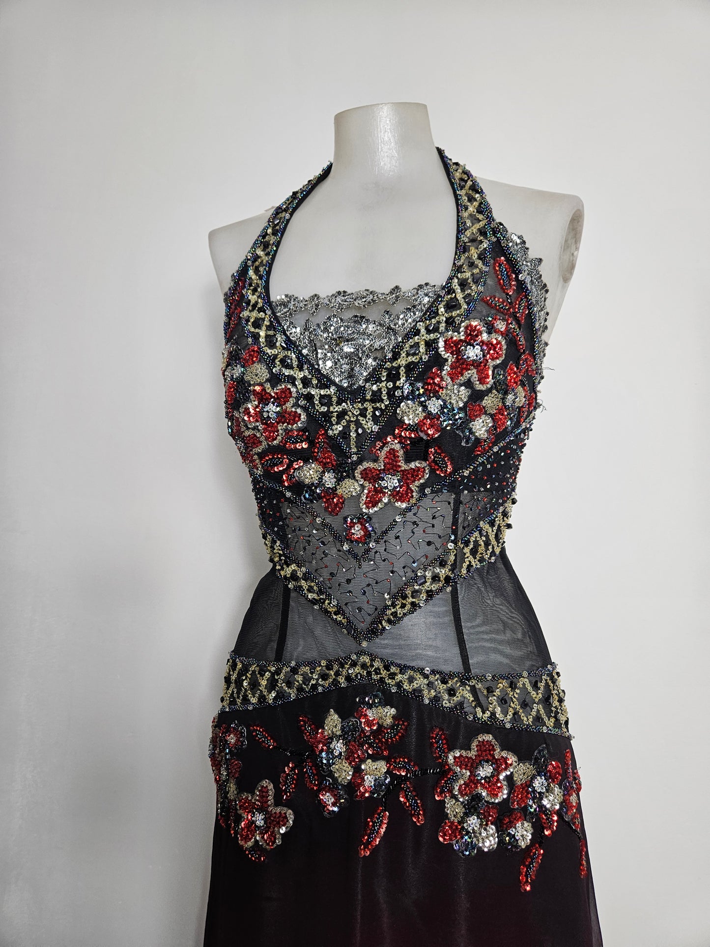 Red and black gradient embroidered dress