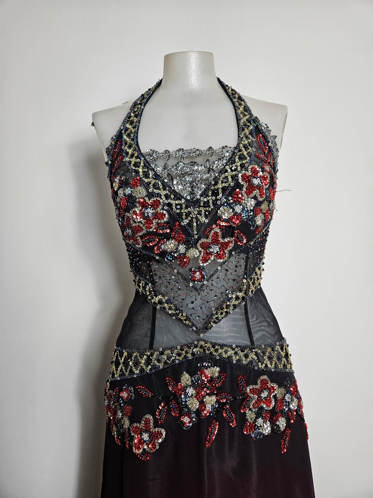 Red and black gradient embroidered dress