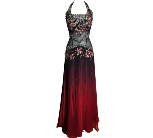 Vintage Y2K beaded halter neck maxi dress with sheer mesh panels and black to burgundy ombré skirt, gothic fairycore evening gown by Lucid Dream 2007