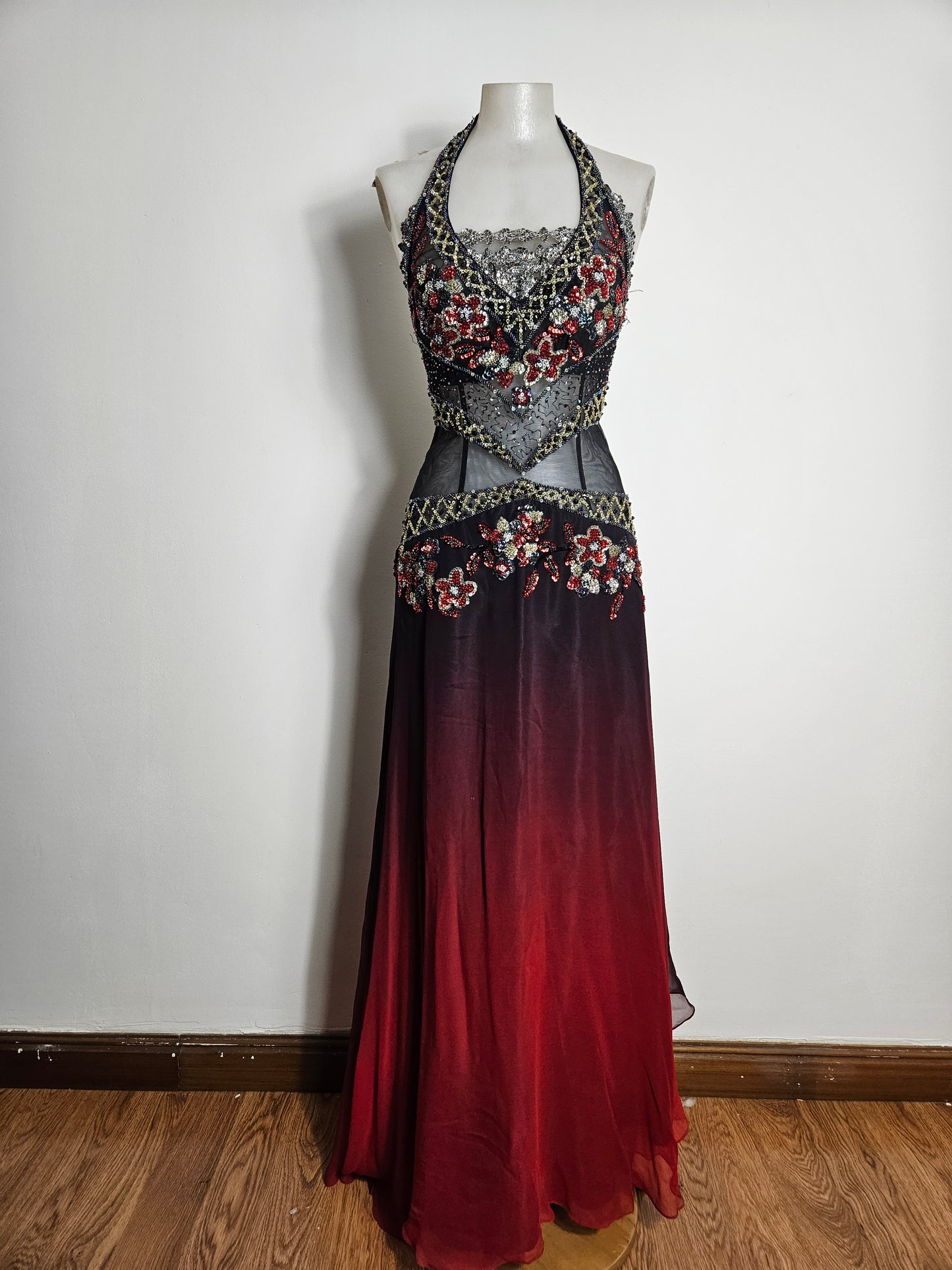 Red and black gradient embroidered dress