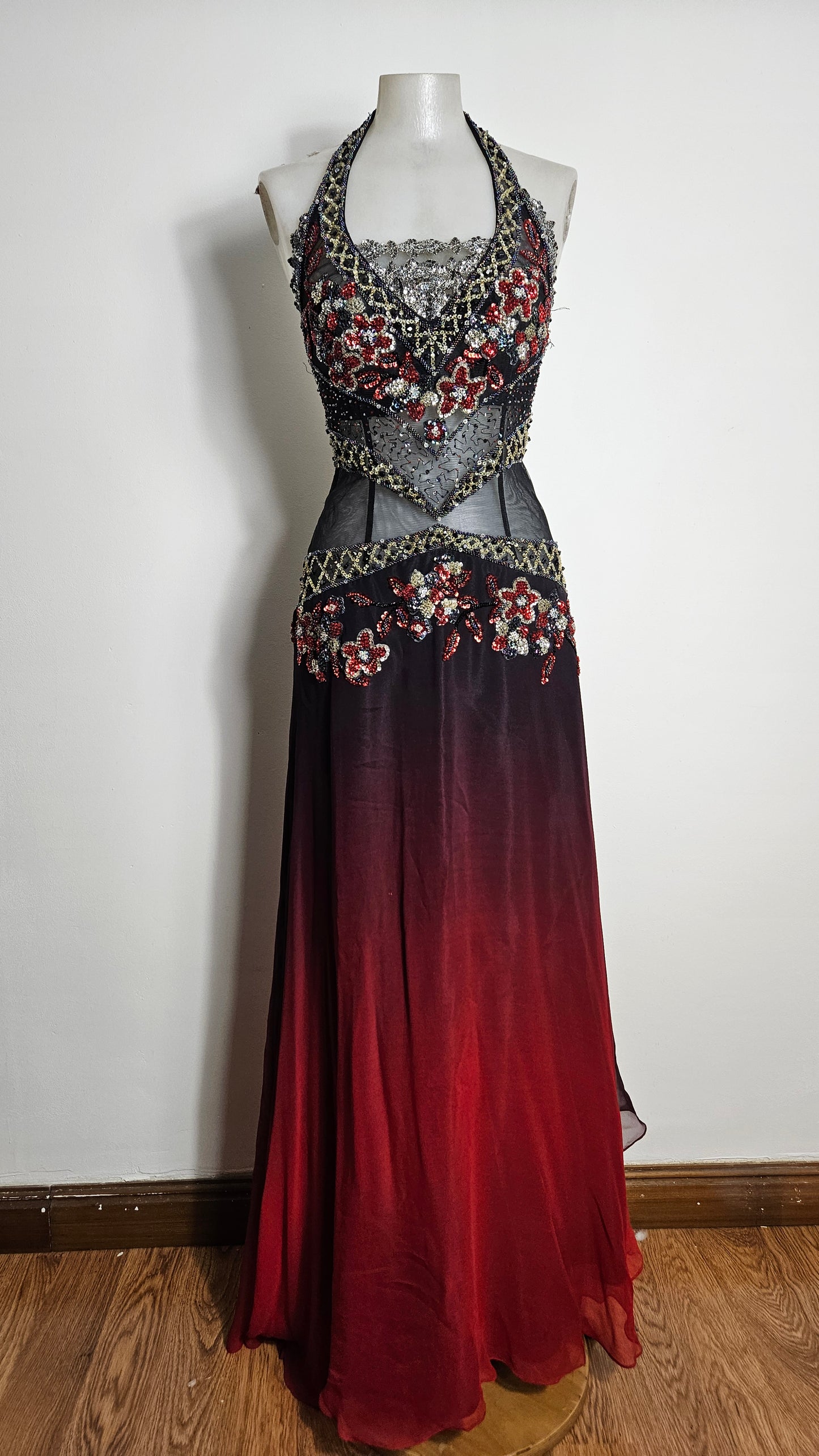 Red and black gradient embroidered dress