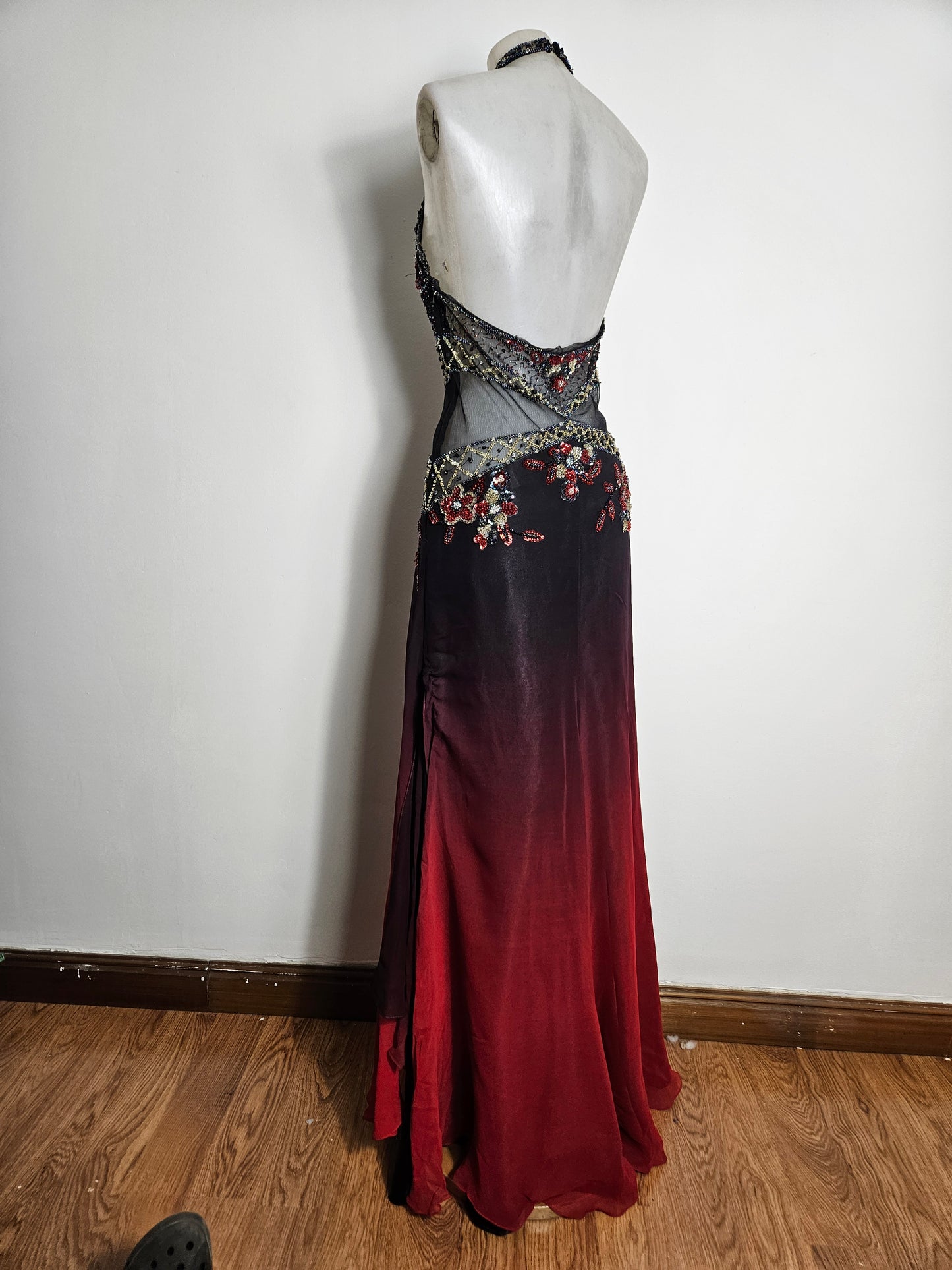 Red and black gradient embroidered dress