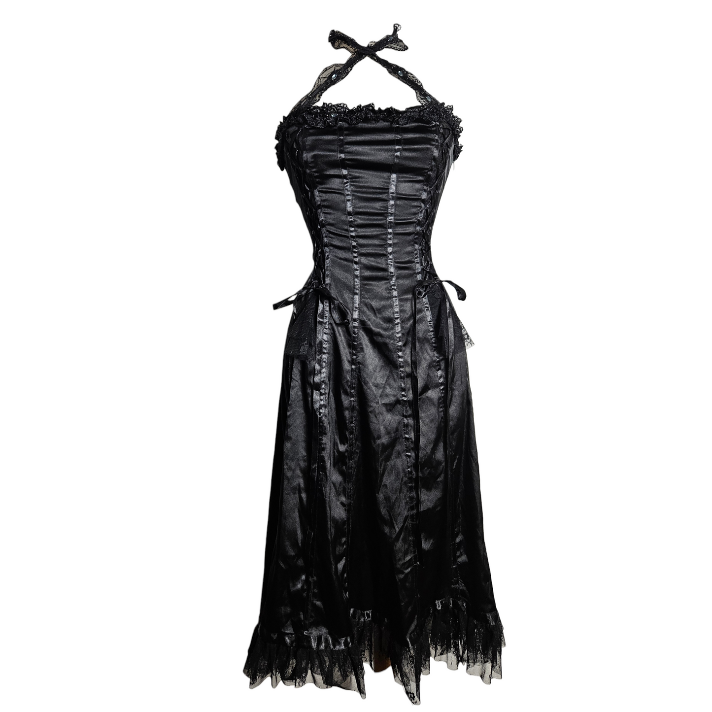 Gothic whimsigoth aesthetic black satin midi dress with a lace halter neck, corset-style boning, and a delicate ruffled lace hem for a dark Y2K reverie.