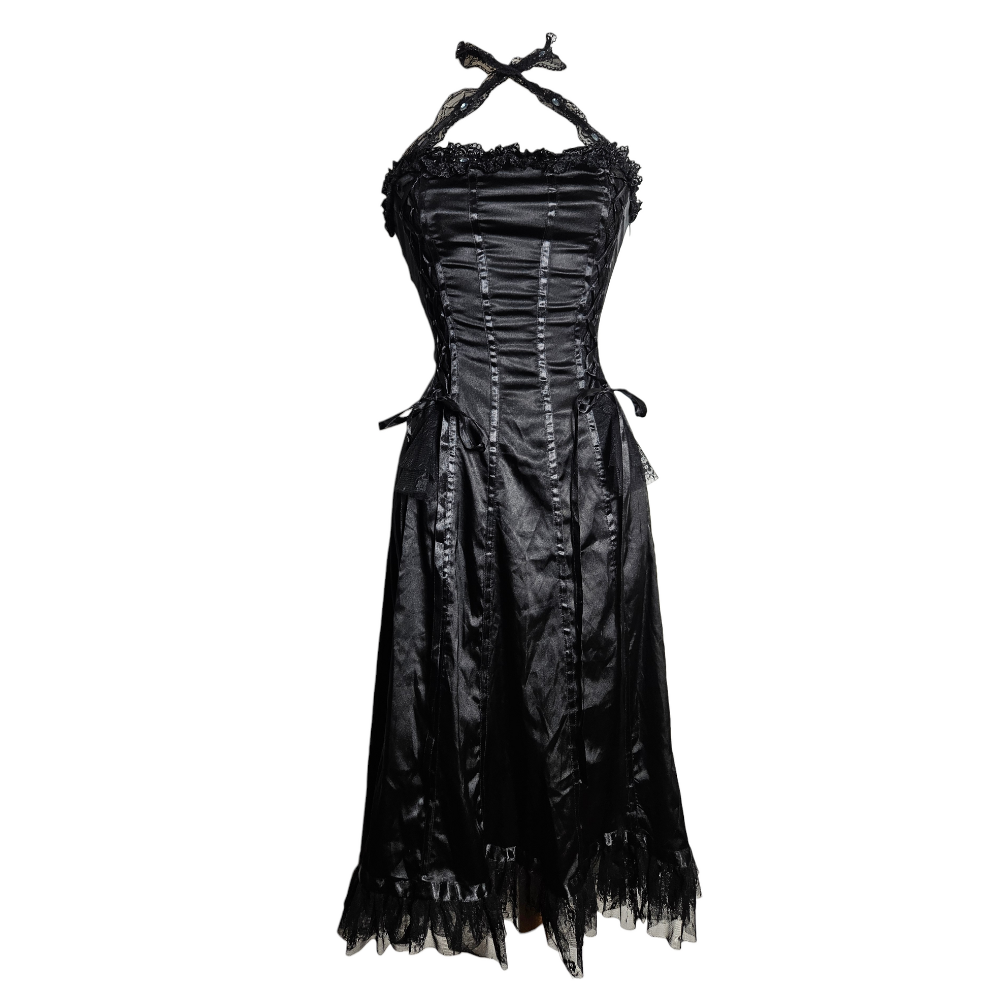 Gothic whimsigoth aesthetic black satin midi dress with a lace halter neck, corset-style boning, and a delicate ruffled lace hem for a dark Y2K reverie.