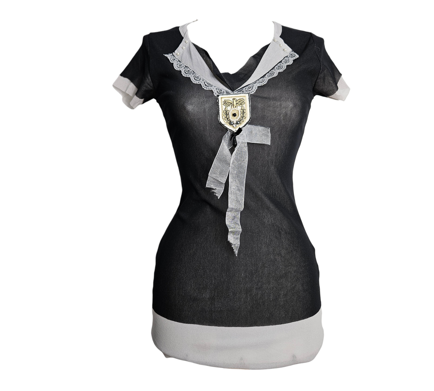 Vintage black short sleeve top with grey sailor-style collar, lace trim, embroidered crest patch and ribbon detail, fitted silhouette, made in Italy, size 38, by Lucid Dream 2007.