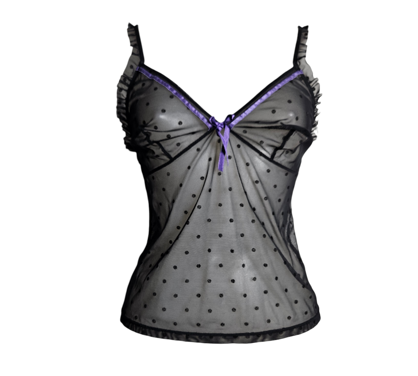 Black sheer polka dot mesh lingerie top with purple satin bow and ruffle straps, vintage y2k vibe, by Lucid Dream 2007