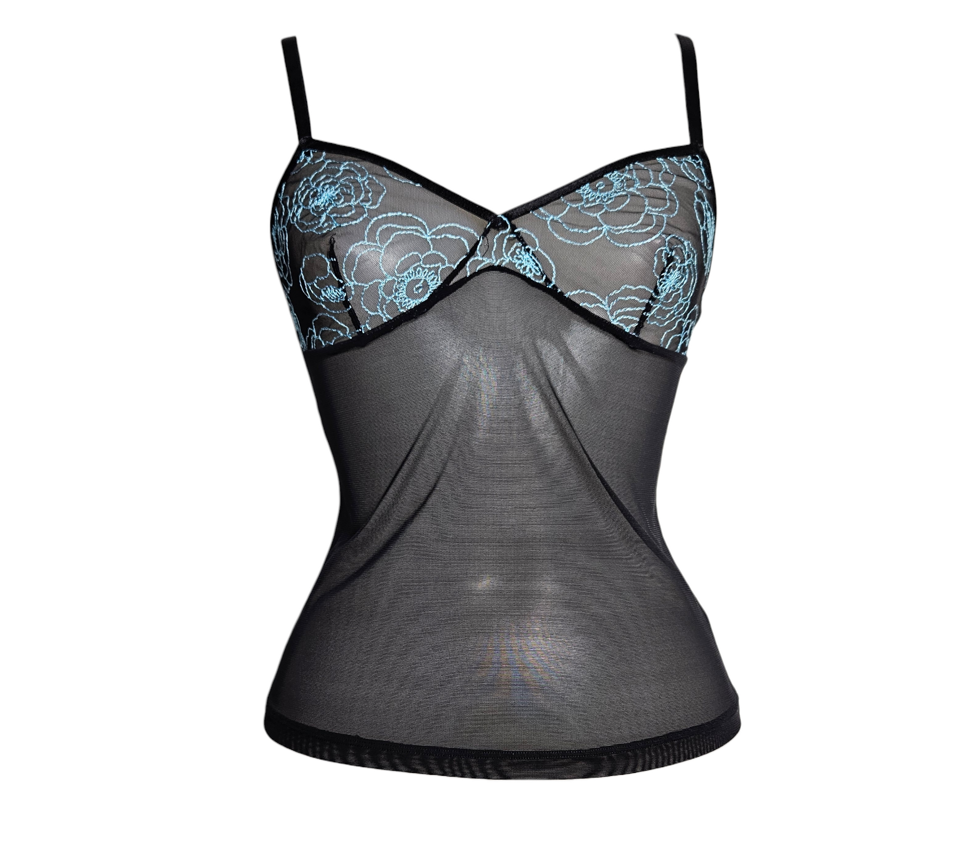 A stunning Y2K-inspired sheer black mesh camisole featuring delicate baby blue floral embroidery on the bust. The top has a slim fit and ethereal fairycore vibes, displayed on a mannequin.
