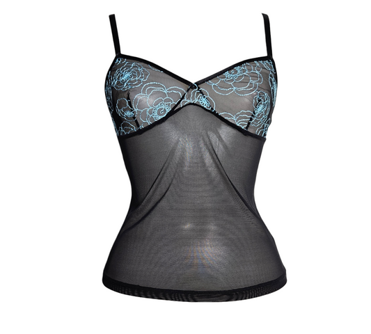 A stunning Y2K-inspired sheer black mesh camisole featuring delicate baby blue floral embroidery on the bust. The top has a slim fit and ethereal fairycore vibes, displayed on a mannequin.