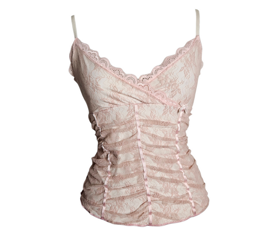 Vintage pale pink lace camisole top with ruched body, scalloped trim V-neck, delicate floral lace and small bow detail, fitted silhouette, by Lucid Dream 2007.