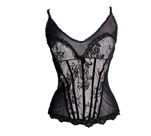 Vintage Y2K black lace corset top with sheer mesh and floral embroidery, gothic lingerie inspired fairycore whimsigoth piece by Lucid Dream 2007