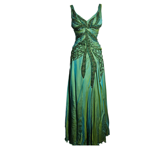 Green vintage silk maxi dress with beaded embellishments, elegant fairycore and eveningwear aesthetic, flowing silhouette by Lucid Dream 2007