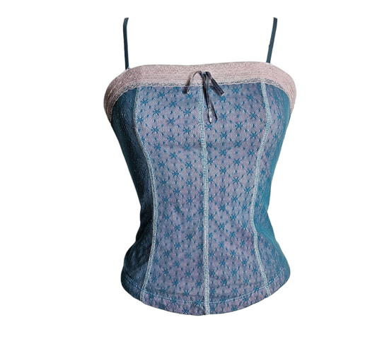 Vintage blue mesh corset-style top with delicate pink lace trim and floral pattern, y2k fairycore aesthetic, soft pastel tones and fitted silhouette.