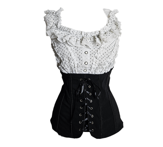Vintage black and white corset top with ruffled polka dot bust, lace-up front and fitted silhouette, romantic fairycore y2k style by Lucid Dream 2007.