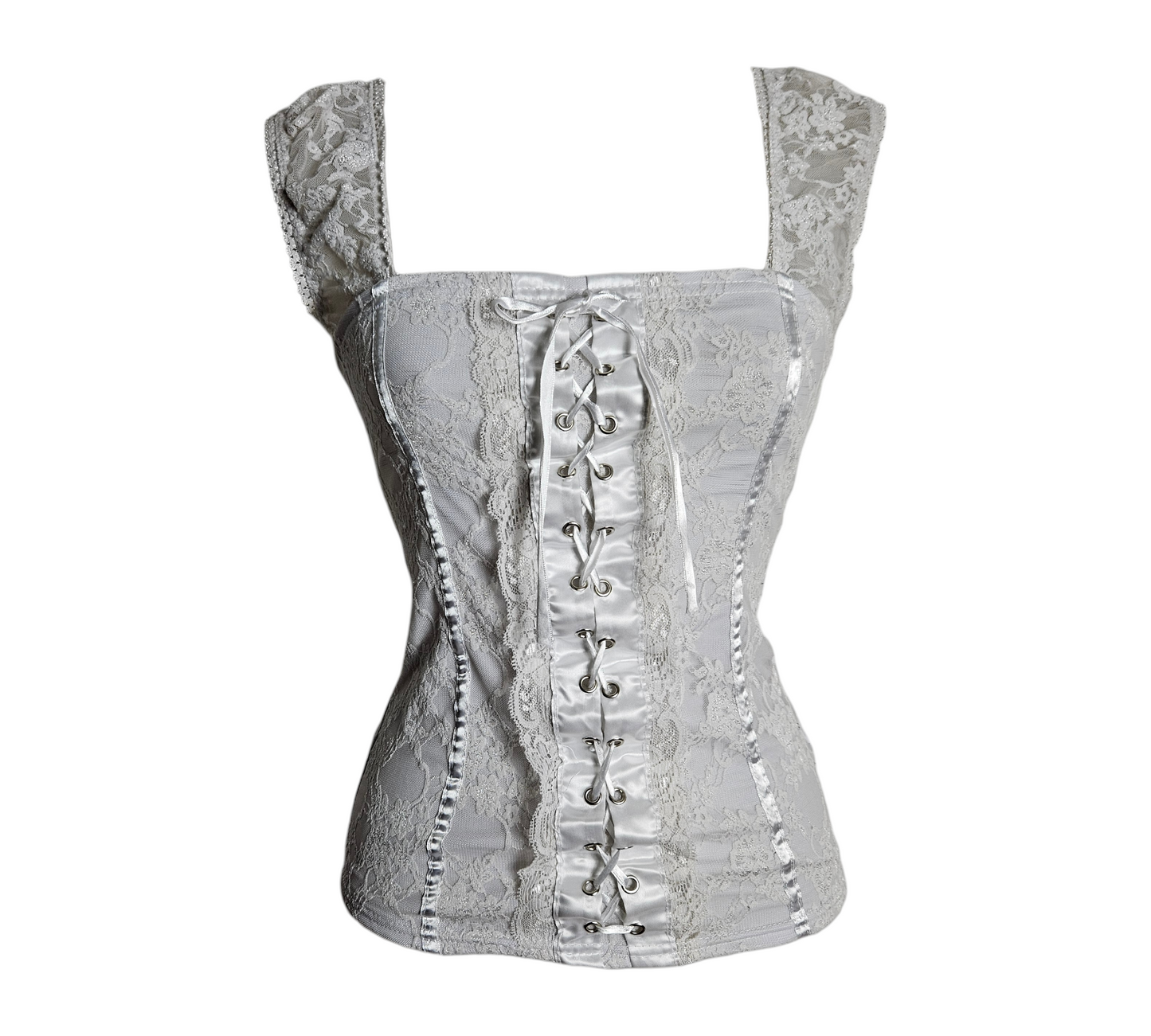 Vintage white lace corset top with square neckline, lace cap sleeves and satin front lace-up detail with ribbon, fitted silhouette, by Lucid Dream 2007.