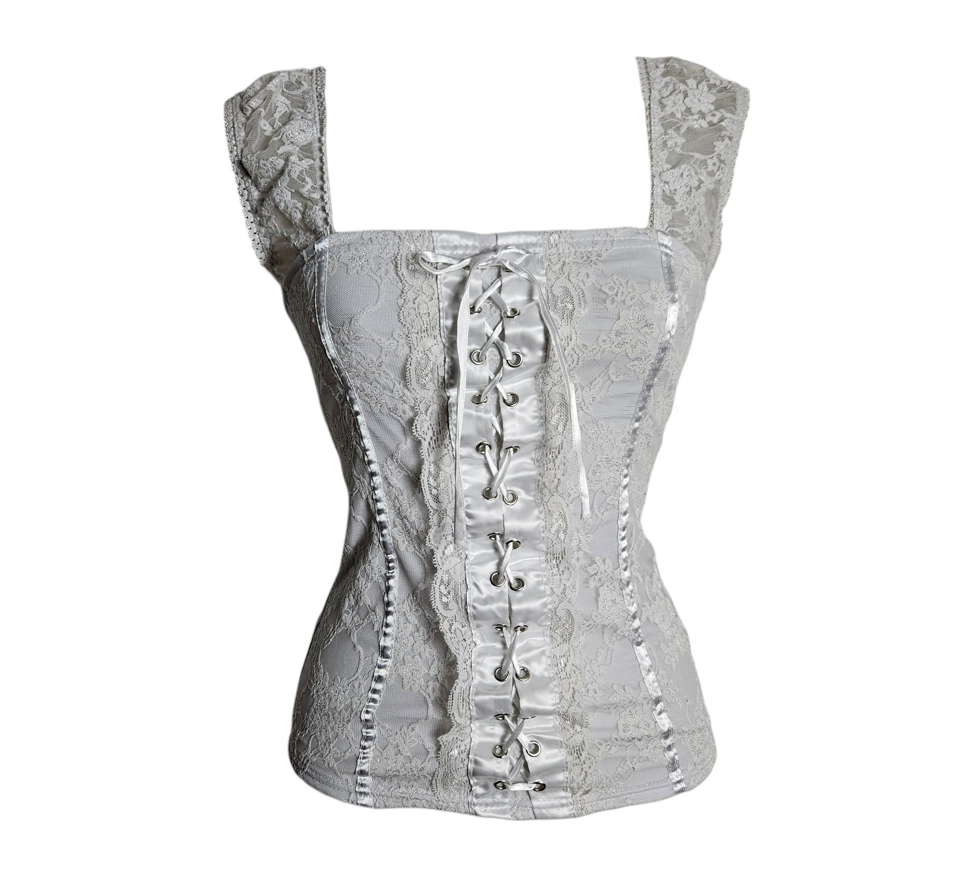 Vintage white lace corset top with square neckline, lace cap sleeves and satin front lace-up detail with ribbon, fitted silhouette, by Lucid Dream 2007.