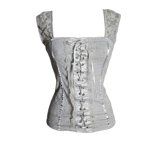 Vintage white lace corset top with square neckline, lace cap sleeves and satin front lace-up detail with ribbon, fitted silhouette, by Lucid Dream 2007.