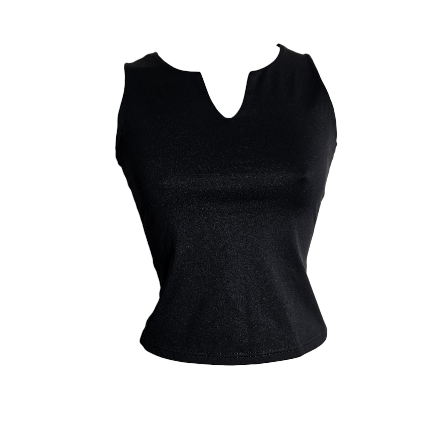 Minimalist Y2K aesthetic black sleeveless top featuring a chic notch neckline and a sleek silhouette, perfect for a versatile whimsigoth or dark reverie layering look.