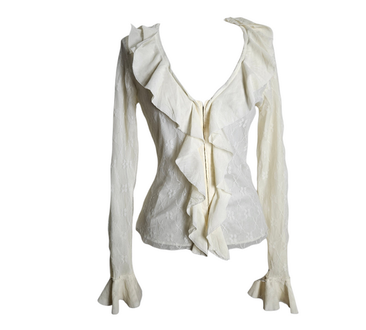 Ivory lace long sleeve top with ruffle front and flared cuffs, soft romantic fairycore vibe, dreamy vintage-inspired Y2K blouse for layered looks.