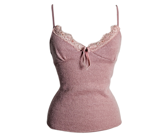 Pink mohair blend camisole with lace trim and delicate bow detail, soft y2k aesthetic knit top, romantic fairycore vibe by Lucid Dream 2007