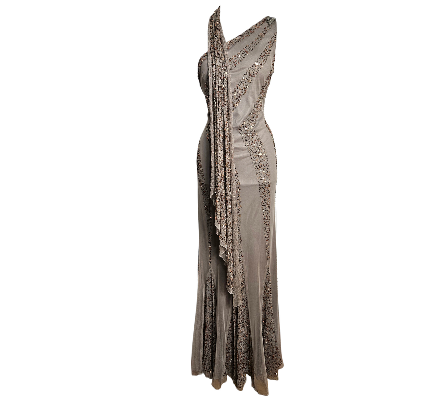 Vintage beaded grey evening gown with sheer tulle, intricate sequin embroidery and asymmetrical neckline, elegant fairycore and Y2K eveningwear by Lucid Dream 2007