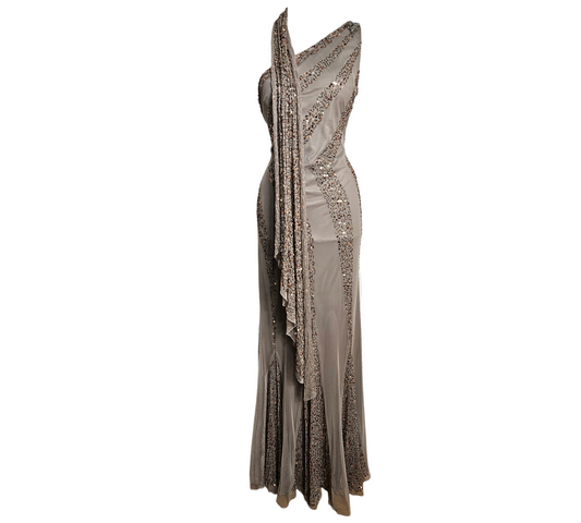Vintage beaded grey evening gown with sheer tulle, intricate sequin embroidery and asymmetrical neckline, elegant fairycore and Y2K eveningwear by Lucid Dream 2007