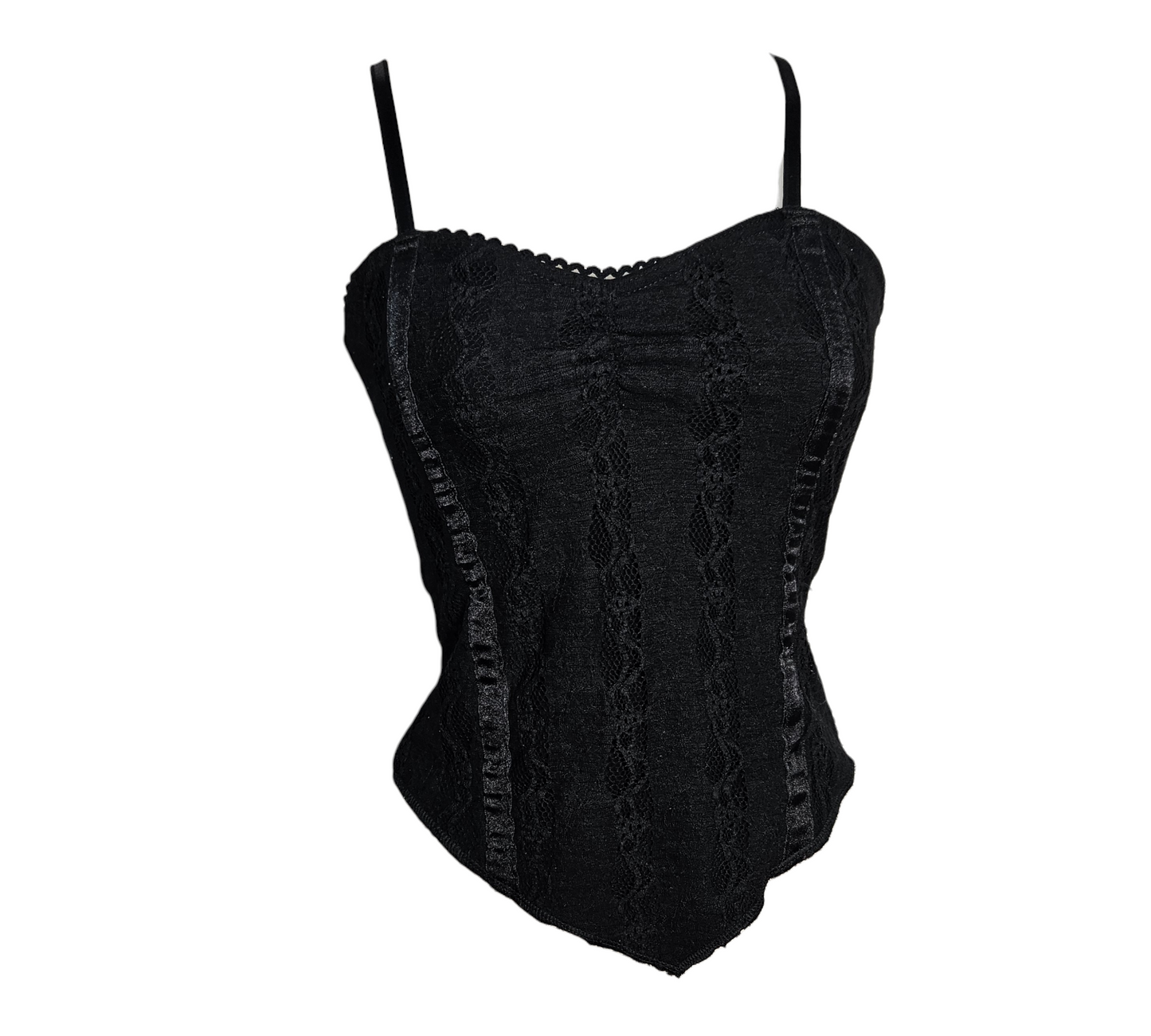 Vintage black corset bustier with spaghetti straps, satin panel details, textured pattern and pointed hem, fitted silhouette, by Lucid Dream 2007.