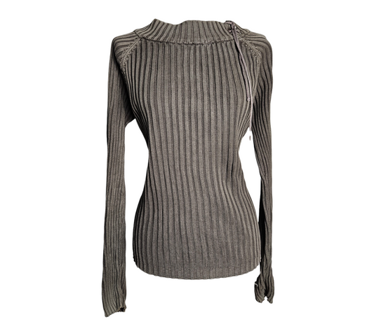 Vintage Y2K ribbed brown cotton knit top with shoulder tie detail, minimal fairycore whimsigoth long sleeve sweater by Lucid Dream 2007