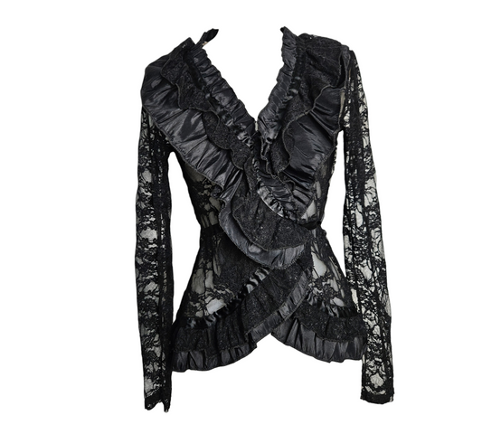 Vintage Y2K black lace long sleeve top with ruffled satin panels, gothic fairycore whimsigoth fitted blouse by Lucid Dream 2007