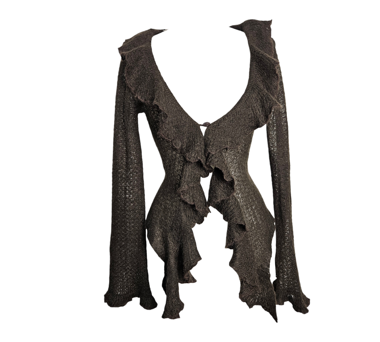 A dark brown fairycore aesthetic sheer knit cardigan with long flared sleeves and delicate ruffles along the deep V-neckline and hem, displayed on a white mannequin.