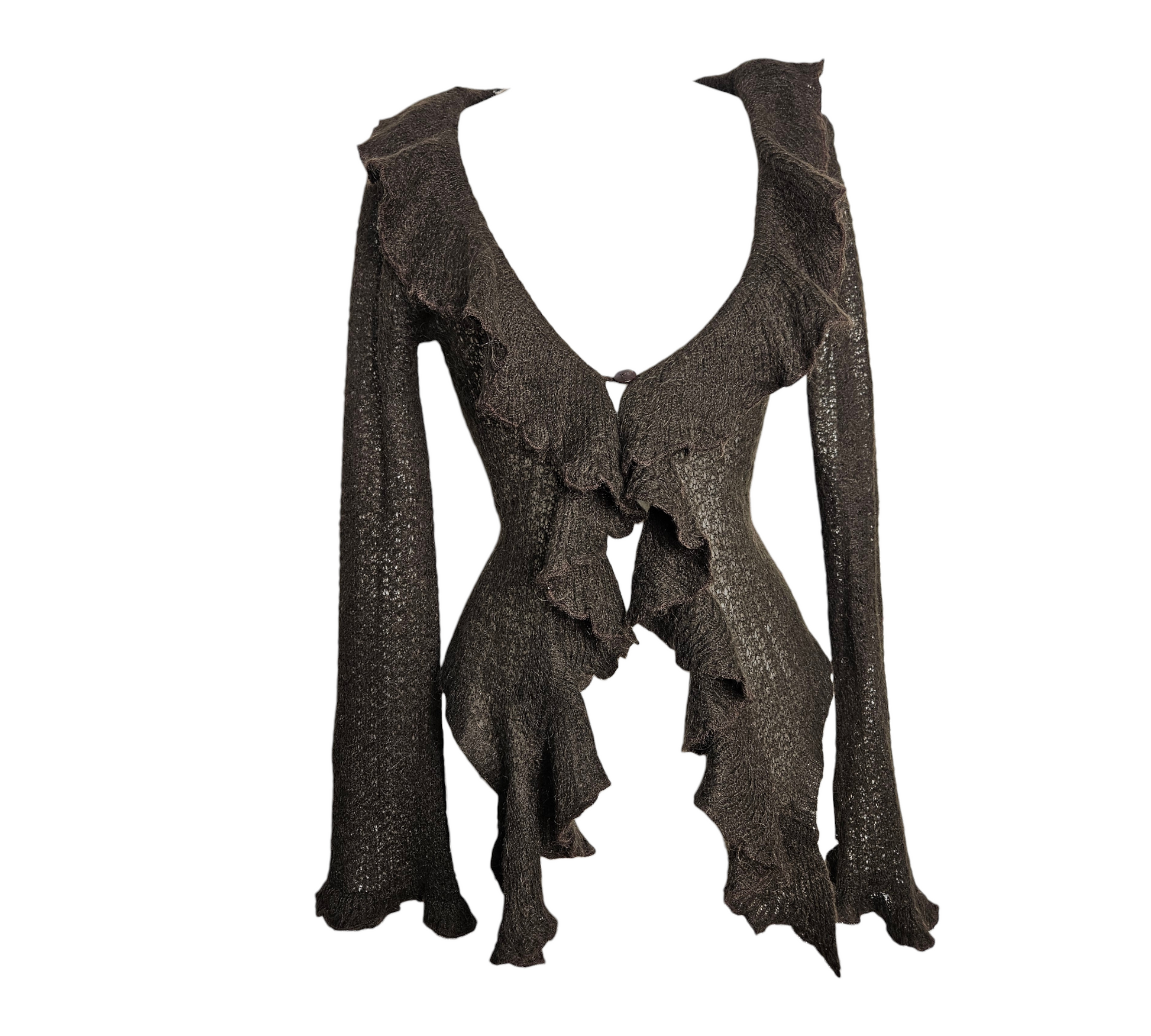 A dark brown fairycore aesthetic sheer knit cardigan with long flared sleeves and delicate ruffles along the deep V-neckline and hem, displayed on a white mannequin.