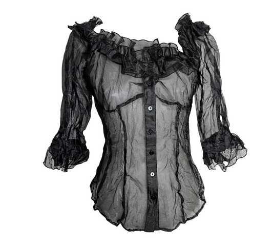 Vintage sheer black ruffle blouse with puff 3/4 sleeves and button front, dreamy goth y2k whimsigoth fairycore layering piece by Lucid Dream 2007