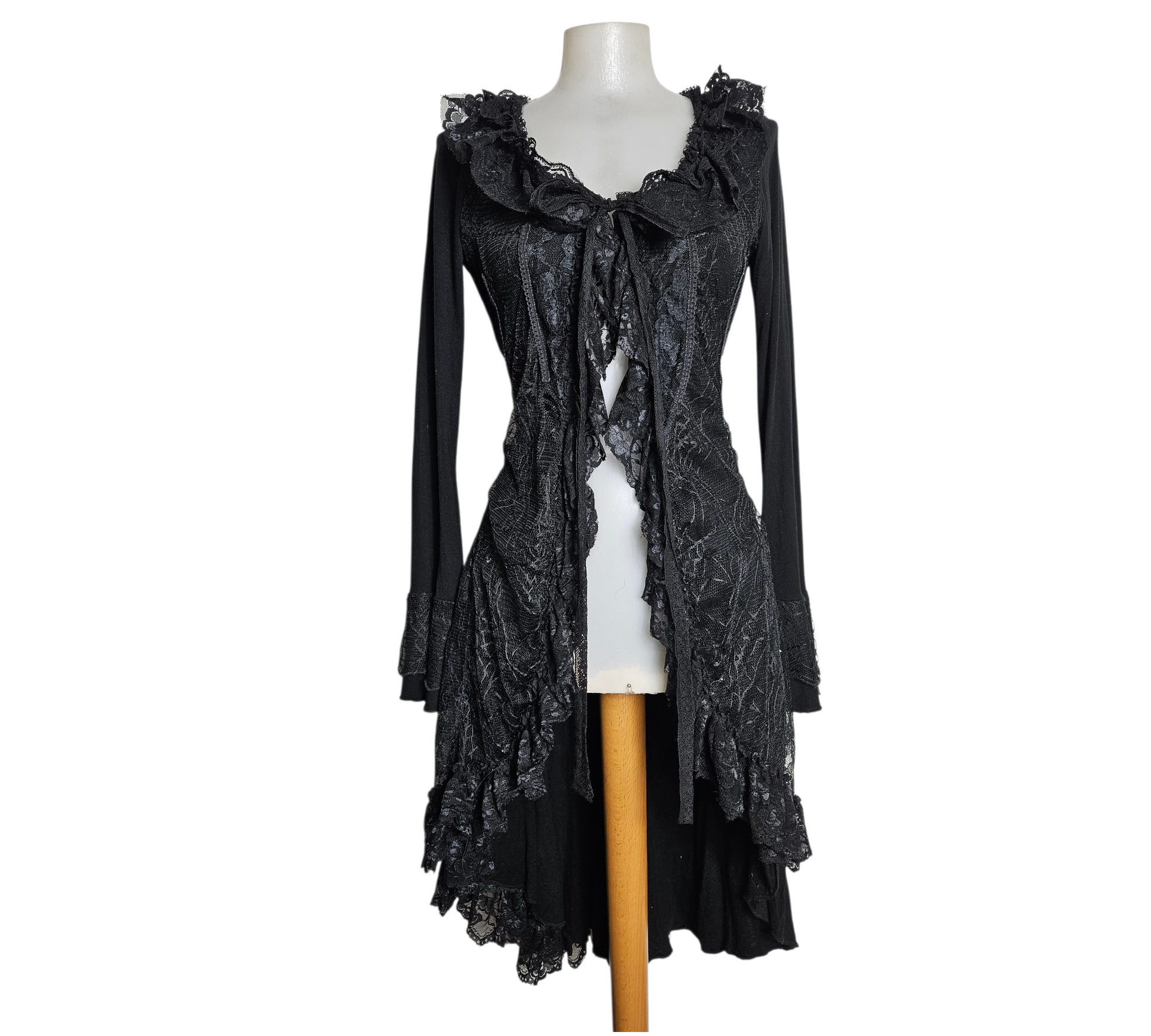 Black lace vintage dress with ruffled neckline, long sleeves and corset back, dark fairycore and whimsigoth aesthetic, romantic Y2K gothic vibe.